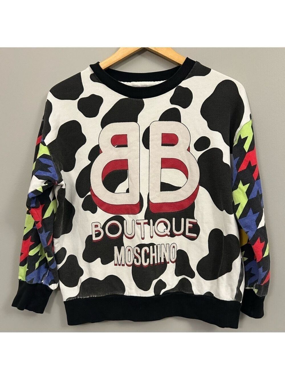 Moschino Boutique Black and White Sweater with Multicolor Sleeves